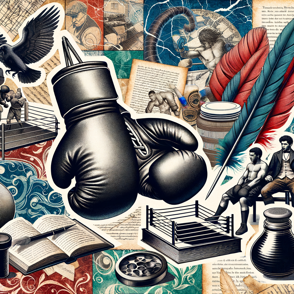 Collage of boxing narratives in literature, illustrating the profound connection between boxing and literary works, showcasing stories beyond the ring and the impact of boxing on literature.