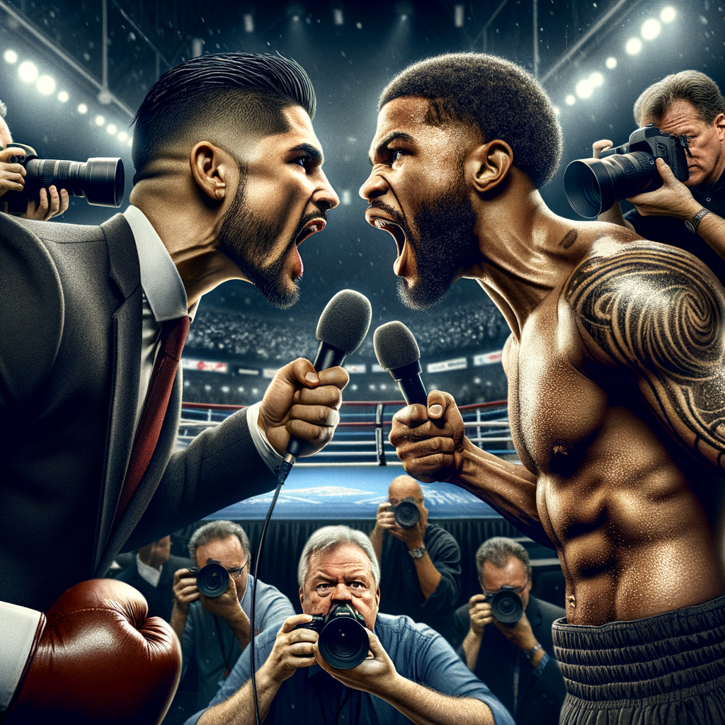 Boxers engaging in intense trash-talking at a pre-match press conference, showcasing the art and strategy of psychological warfare in boxing and the entertainment value of such promotional tactics.