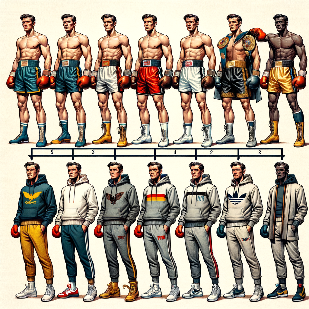 Timeline illustrating the evolution of boxing fashion trends, from traditional boxing ring attire to modern boxing streetwear, highlighting key moments in boxing outfits evolution and the influence of boxing style on streetwear.