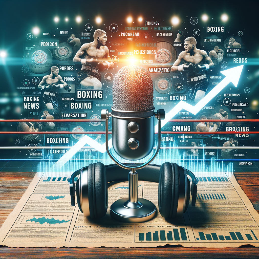 Microphone and headphones in a modern recording studio for boxing podcasts, with a backdrop of boxing news, analysis, sports commentary, and live chat icon symbolizing the new era in sports broadcasting and the rise of boxing talk shows.