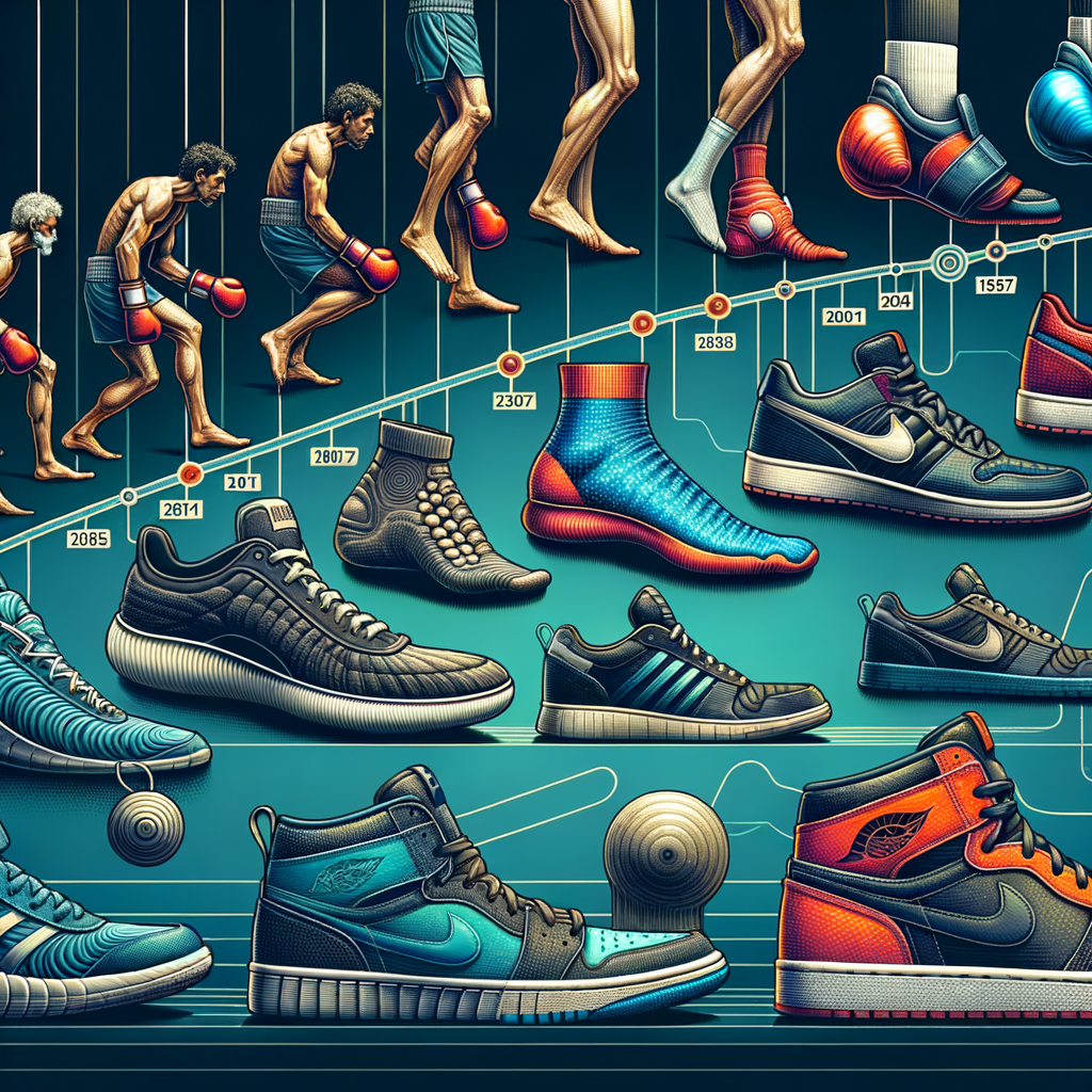Infographic detailing the history and evolution of boxing shoes, highlighting key milestones in boxing footwear development, changes in boxing shoes, and the progression of historical boxing equipment, with a nod to the overall transformation of sports shoes.