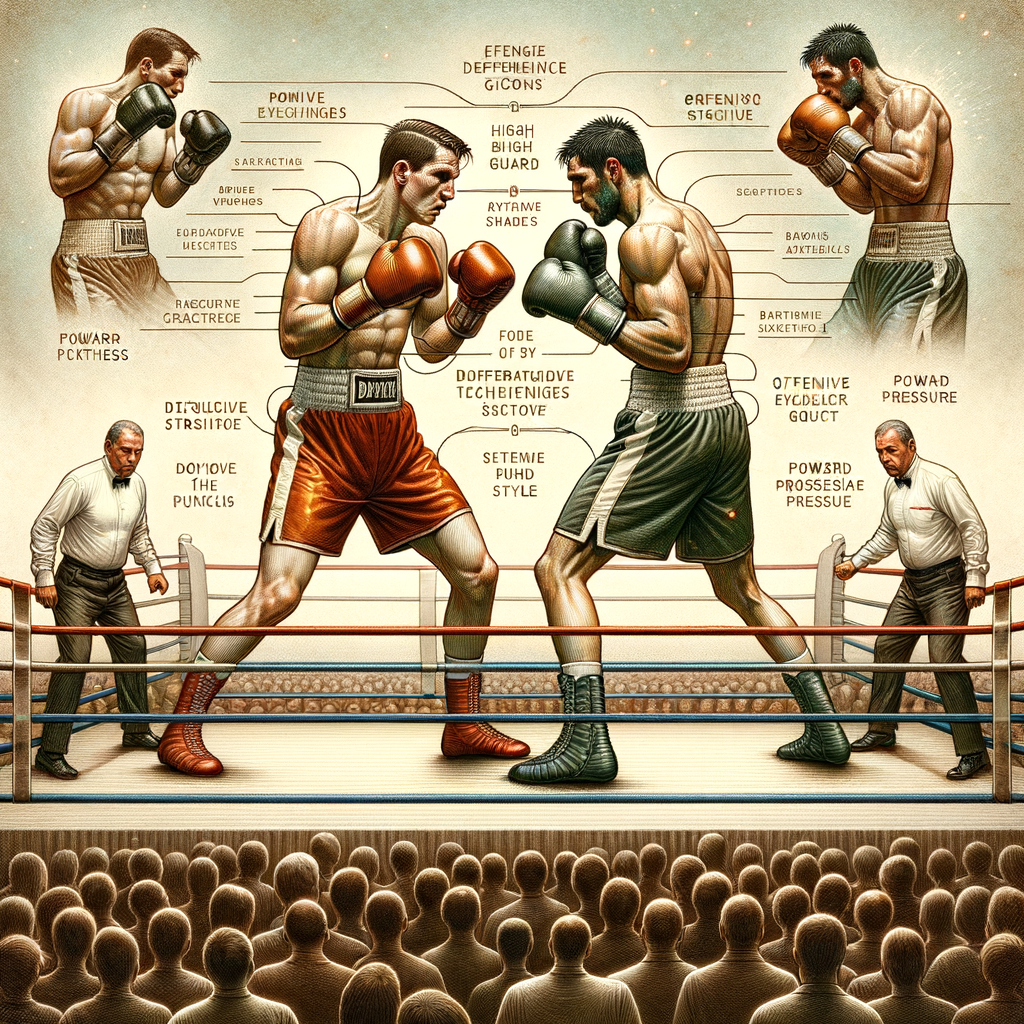 Boxing styles analysis illustration comparing defensive vs offensive fighters, highlighting contrast in boxing styles and analyzing boxing techniques and strategies.