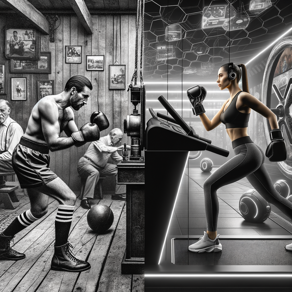 Split-screen image illustrating the evolution of boxing workouts, contrasting traditional boxing training in a vintage gym with modern boxing workouts using high-tech methods and advanced equipment in a contemporary setting.