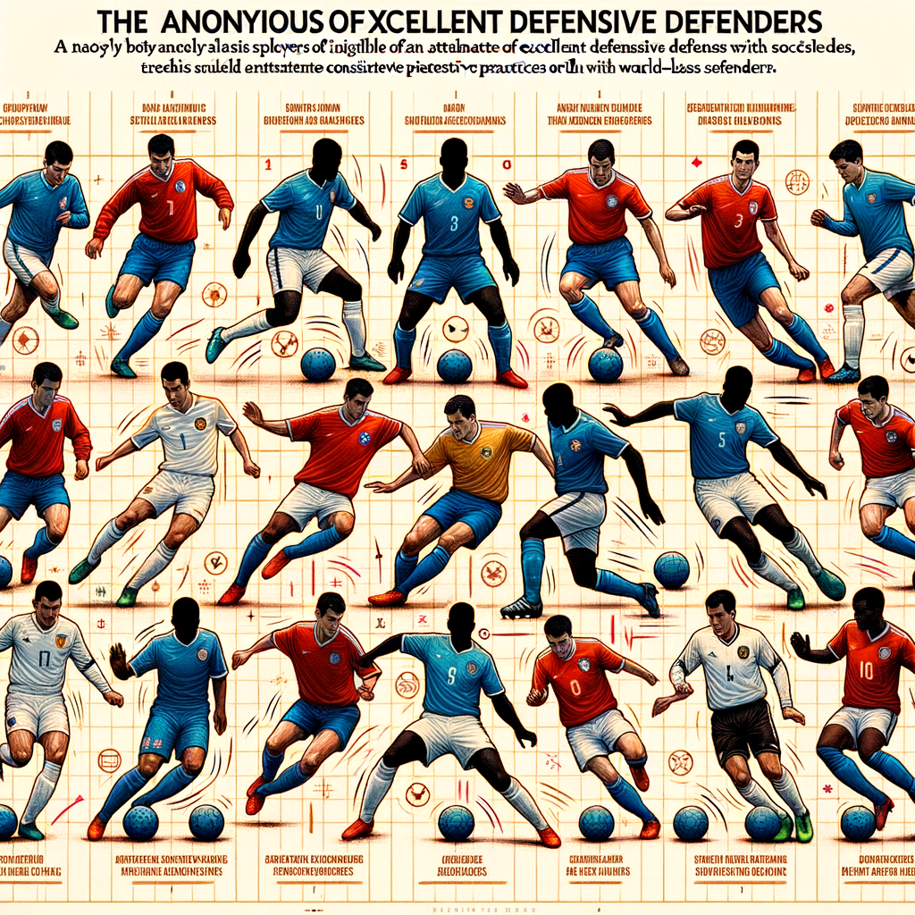 Dynamic collage of best defensive players in soccer, highlighting defensive maestros analysis, footwork techniques, and expert defensive tactics for an article on analyzing defensive skills and lessons from top defenders.