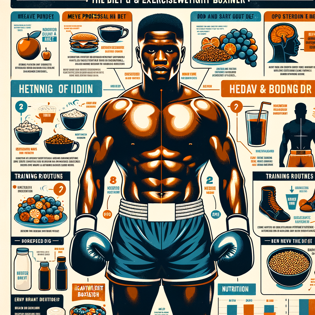 Infographic illustrating Anthony Joshua's diet and training routine, highlighting key elements of a heavyweight champion diet, specific meals, workout routines, and the impact on his overall boxing training diet.