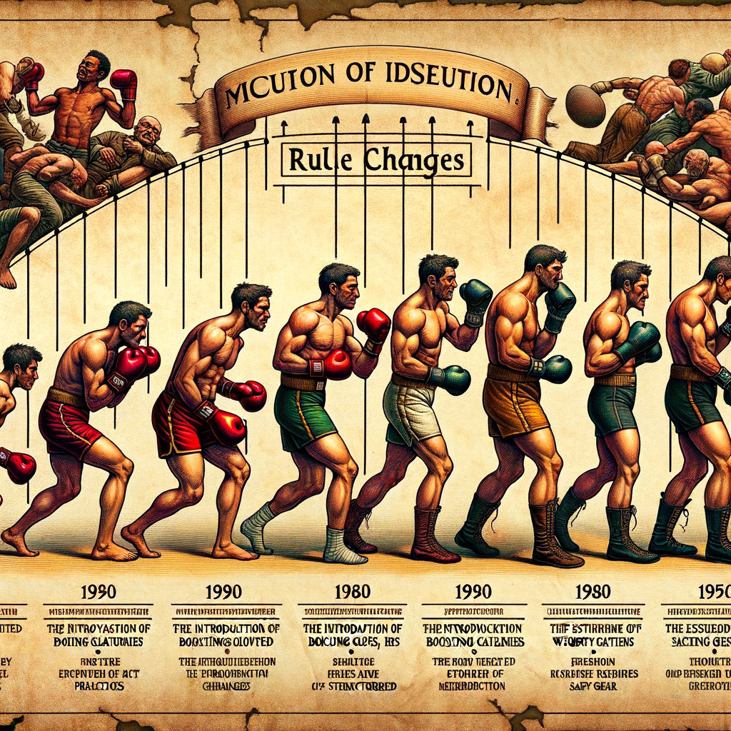 Visual timeline illustrating the evolution of boxing rules, showcasing boxing history from bare-knuckle brawls to modern boxing regulations and highlighting key changes in boxing rules over the centuries.