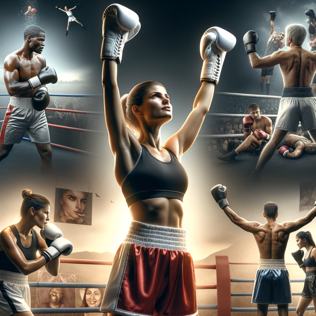 Triumphant boxer raising gloves in victory symbolizing overcoming adversity in boxing, with a montage of inspirational boxer stories, boxing motivational journeys, and resilience in boxing in the background.
