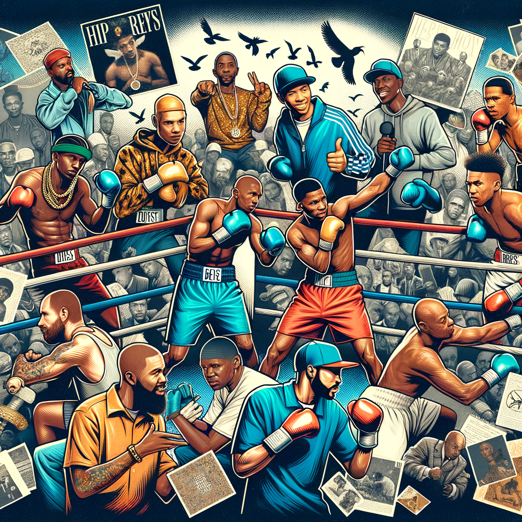 Collage illustrating the influence of boxing on hip-hop culture, featuring hip-hop artists in boxing poses and boxing references in album covers and lyrics, highlighting the deep-rooted connection between boxing and hip-hop.