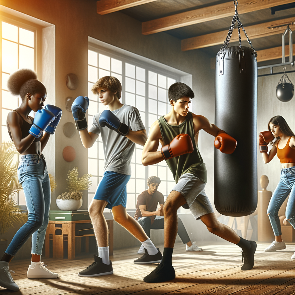 Youth Boxing Benefits: Diverse group of focused teenagers during a boxing training session, demonstrating the Impact of Boxing on Youth for Confidence Building, Discipline, and Personal Development.