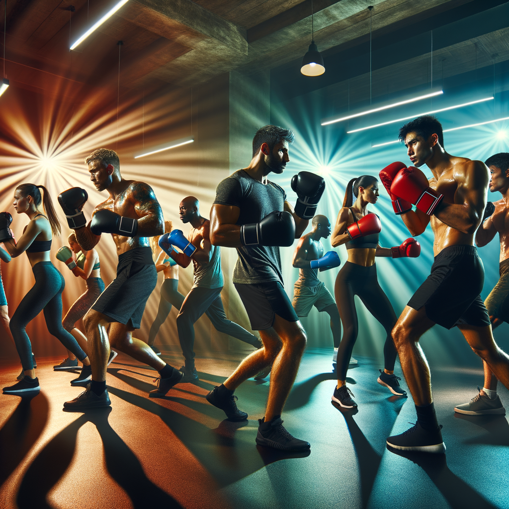 Diverse group performing boxing exercises for weight loss in a gym, demonstrating the impact of boxing on fitness and the benefits of punching for fitness as a weight loss strategy.