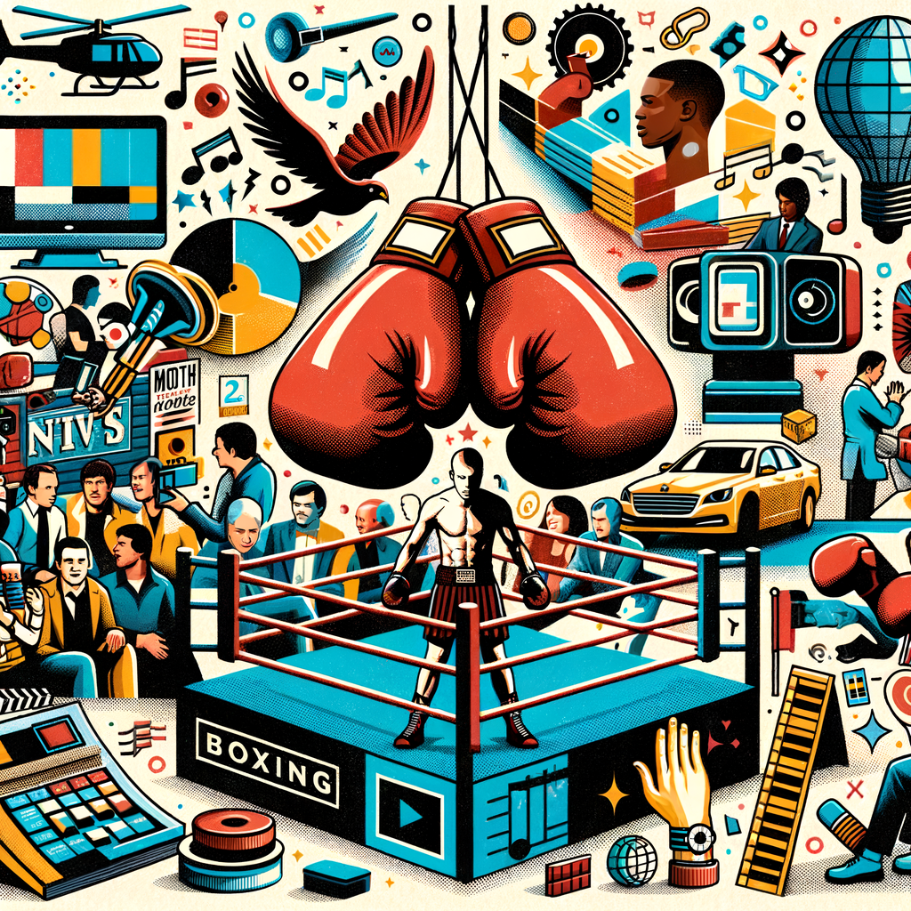 Collage illustrating the influence of boxing in today's pop culture, highlighting boxing's impact on society, media, and entertainment.