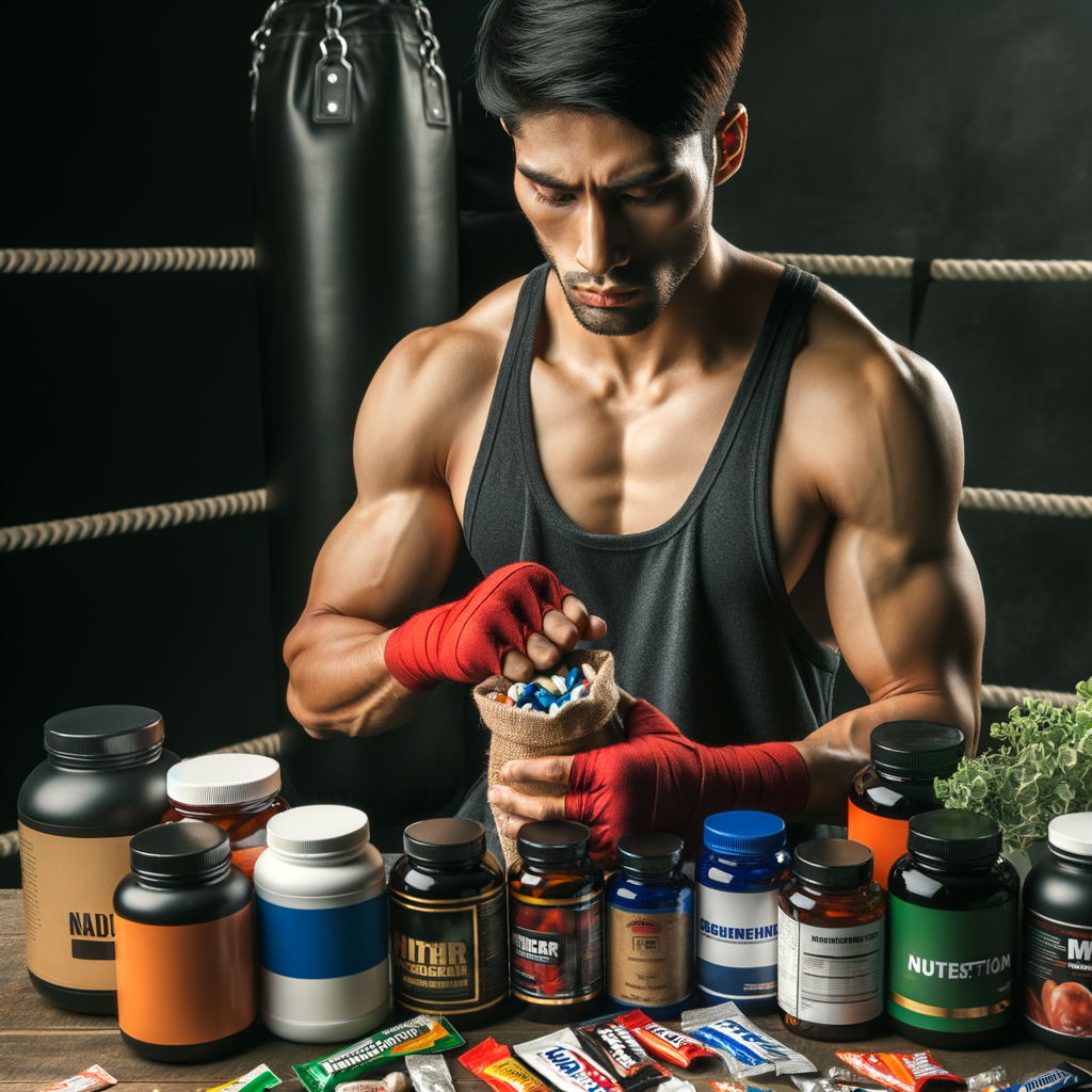 Professional boxer selecting best dietary supplements for boxing nutrition regimen, highlighting both natural and performance enhancing options, and supplements to avoid for boxers.