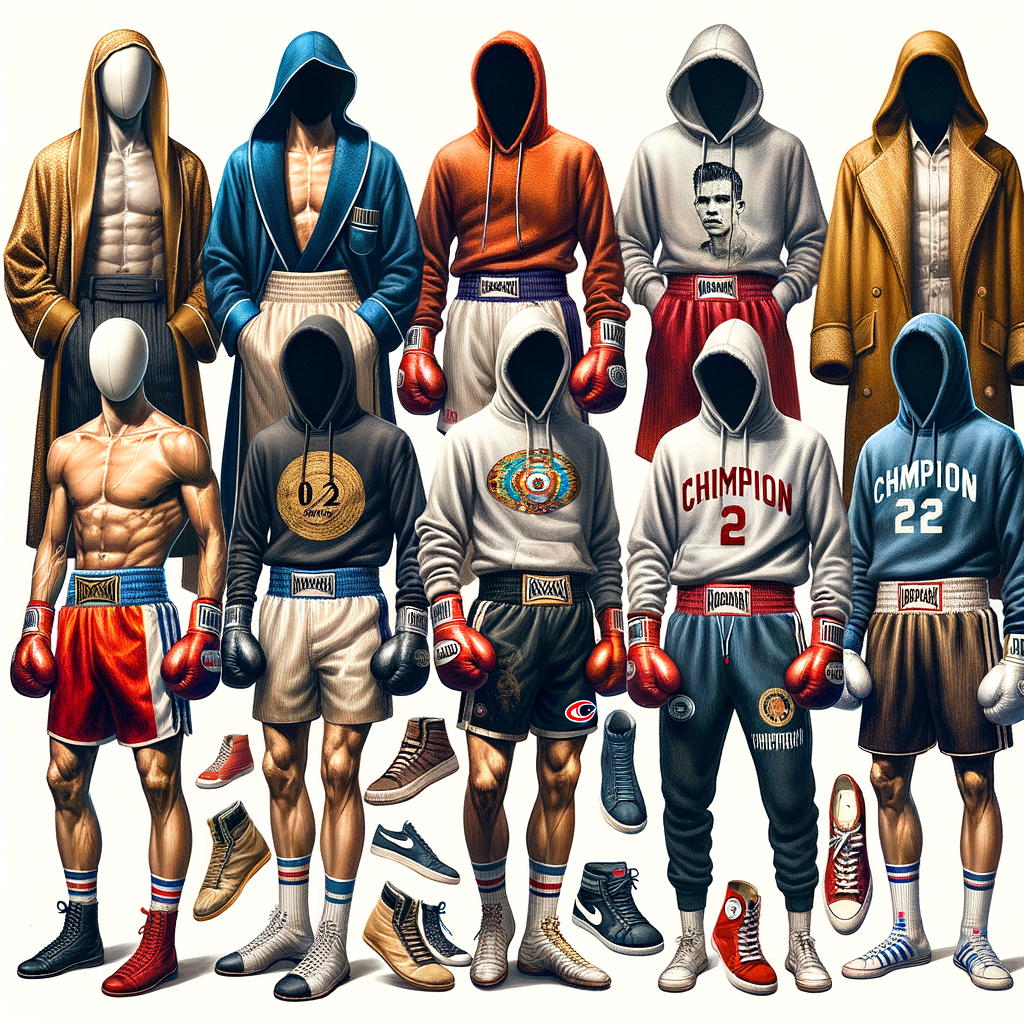 Montage of iconic boxing fashion trends and style icons, illustrating the intersection and evolution of fashion in and outside the boxing ring.