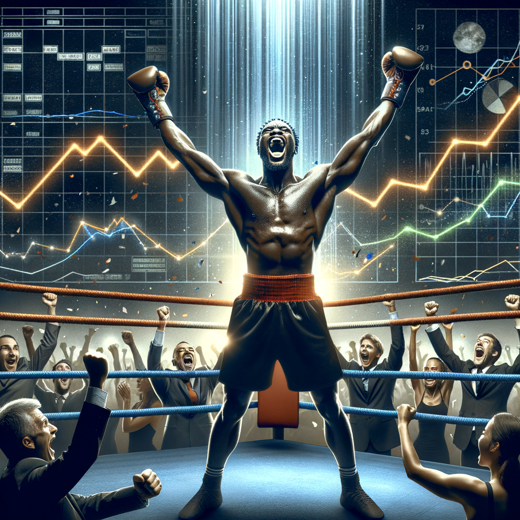 Underdog boxing champion celebrating victory in a match, illustrating the impact of underdogs in boxing upsets and the importance of boxing sport analysis.