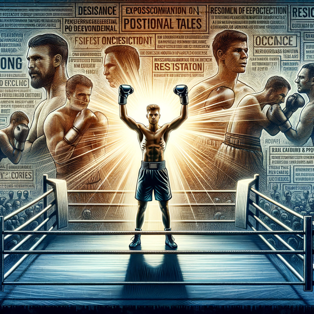 Triumphant boxer celebrating victory in the ring, embodying overcoming adversity in boxing, with inspirational stories of boxers' success and resilience in the background - a visual representation of motivational boxing stories.