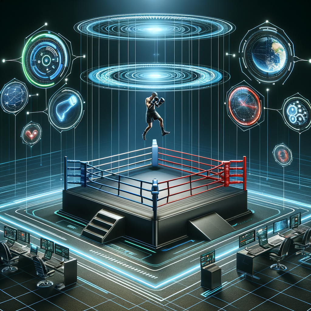 High-tech boxing ring illustrating the future of boxing with emerging trends, boxing innovations, modern techniques, and predictions for the boxing industry's future.