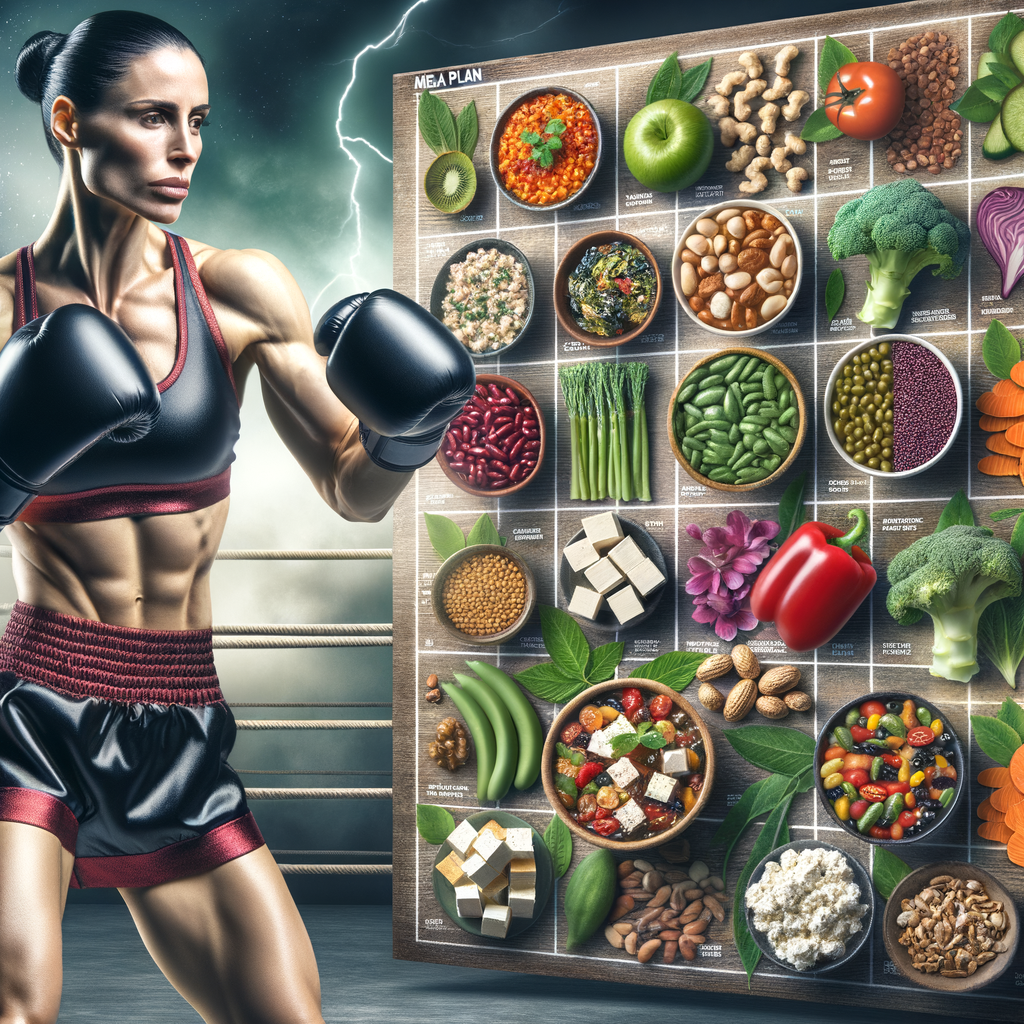 Boxer working out surrounded by high-protein vegan foods and a vegan meal plan for boxers, showcasing the strength and energy from plant-based diet for athletes.