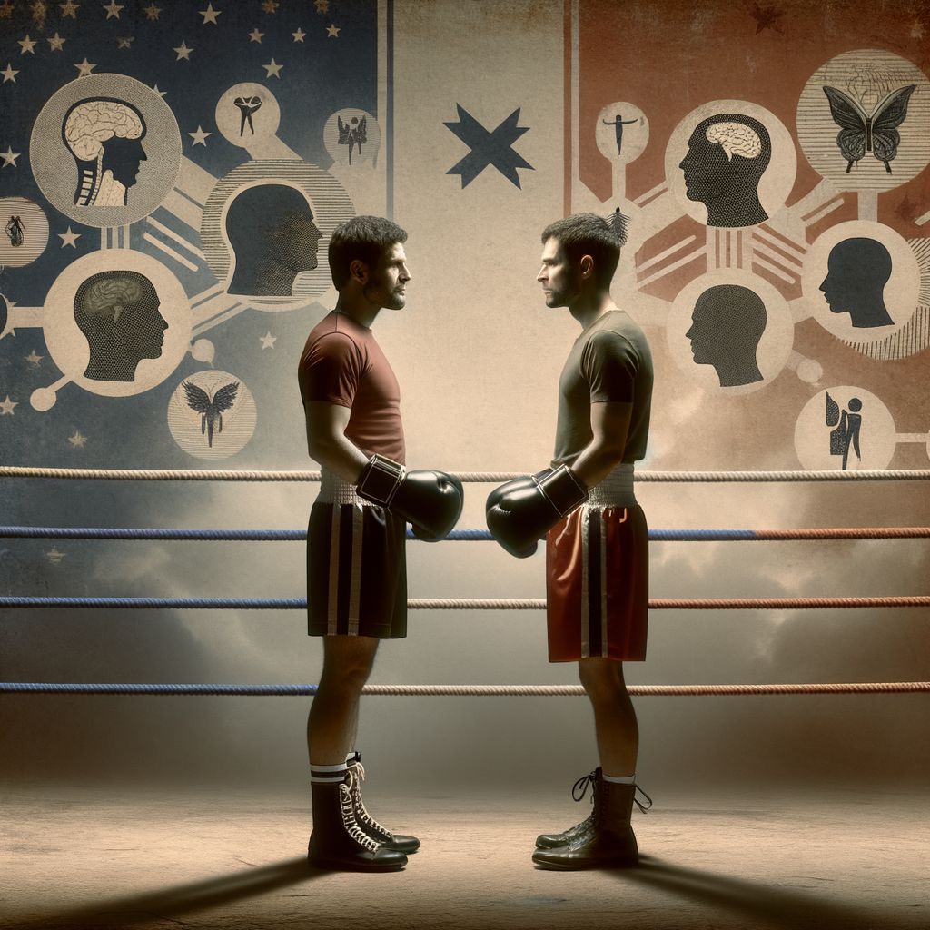 Male and female couple in boxing gear engaging in a friendly sparring session in a ring, symbolizing boxing challenges, personal growth through boxing, and the impact of sports on personal relationships, with subtle emotional health symbols in the background.