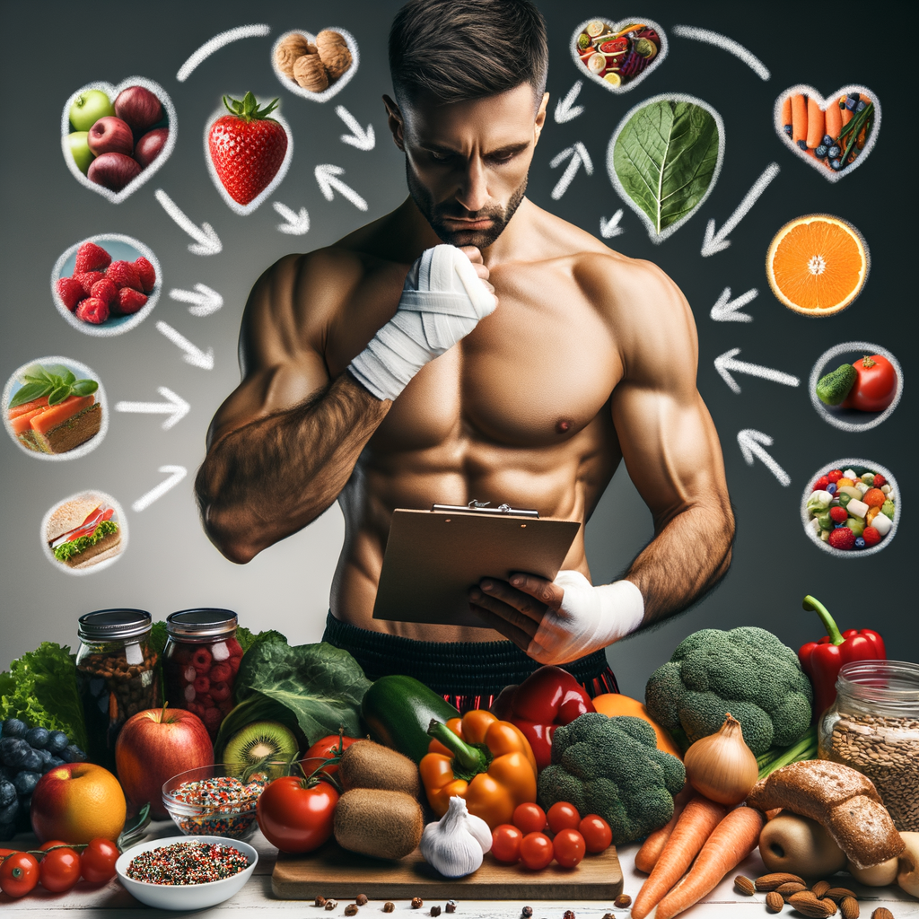 Professional boxer analyzing innovative diet plan with healthy food options for performance enhancement, symbolizing alternative nutrition strategies for boxing performance
