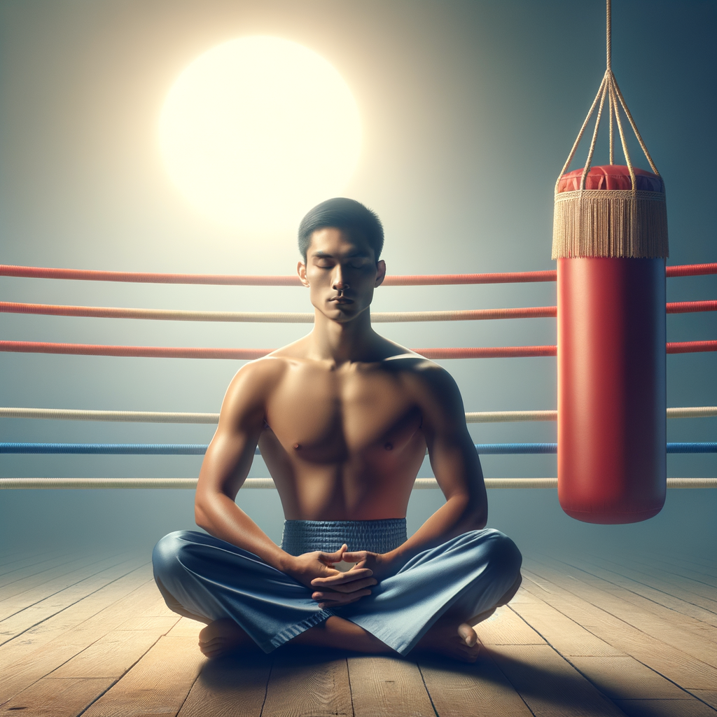 Boxer practicing meditation techniques in the boxing ring, demonstrating inner peace through boxing and mindfulness in combat sports for mental health.