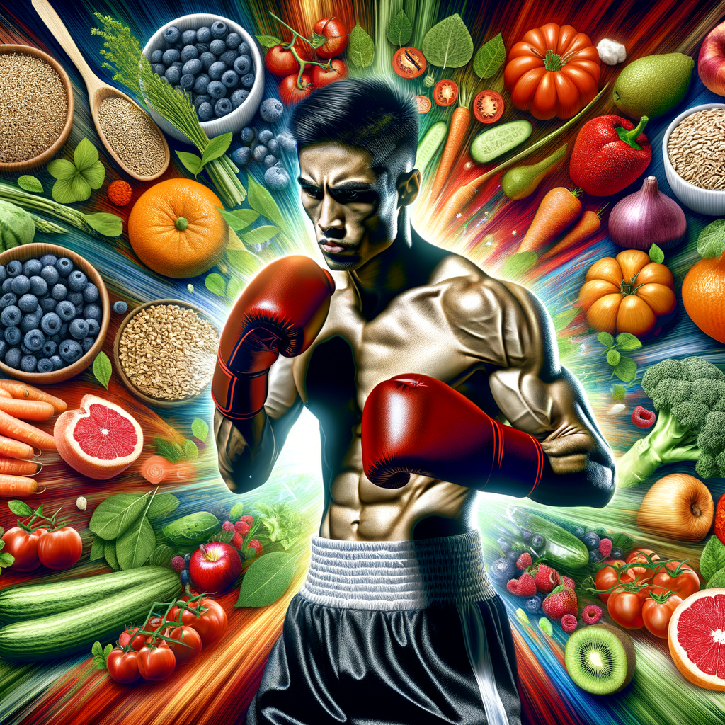 Male boxer demonstrating enhanced boxing performance due to veganism, surrounded by plant-based foods highlighting benefits of vegan diet for fighters and plant-based nutrition for athletes in boxing.