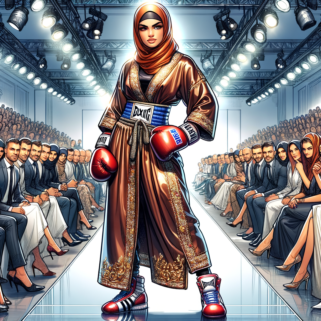 Runway model showcasing boxing-inspired fashion trends, illustrating the influence of boxing on high fashion designs and the connection between sports and style.