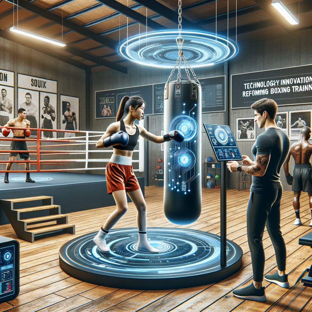 Boxer utilizing boxing technology innovations in a modern gym, reshaping boxing training methods with advanced equipment and digital progress monitoring.