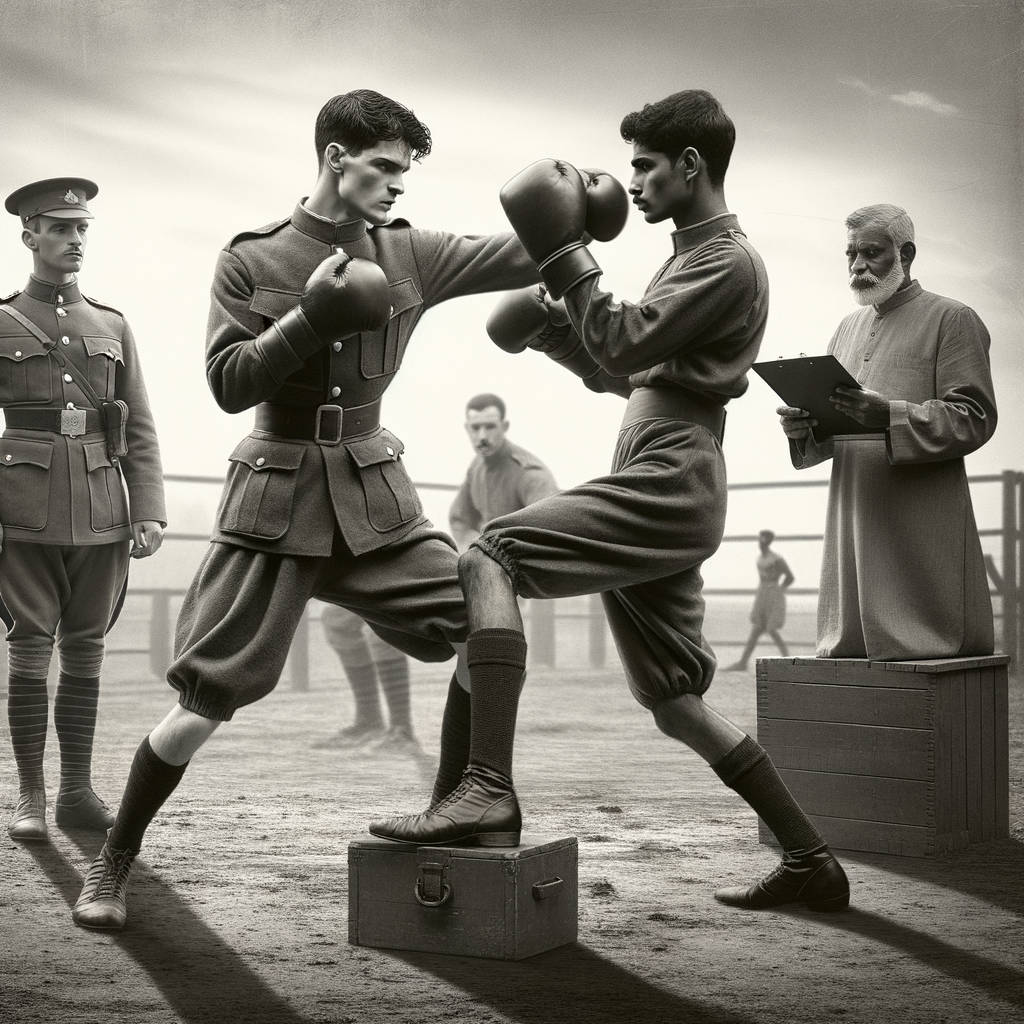 Soldiers in vintage uniforms practicing boxing techniques during a historical military boxing training session, illustrating the significant role of boxing in military training methods and its influence on military history.