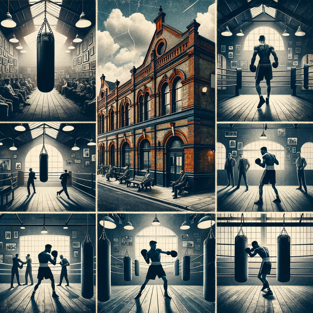 Collage of legendary boxing gyms, iconic boxers, and historic interior scenes, encapsulating the rich boxing gym legacy, stories, and heritage of famous boxing gyms and legendary boxers.