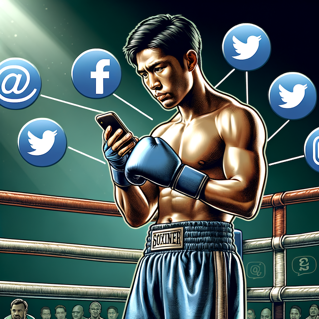 Professional boxer using smartphone for social media promotion and influencer marketing in the digital age, highlighting the impact of online presence and digital strategies on boxing careers.