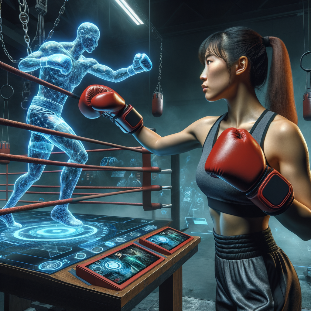 Professional boxer using Boxing Technology for Virtual Reality Boxing Training, demonstrating the future of VR Boxing Simulations and Technology in Boxing for advanced Sports Technology Virtual Reality methods.