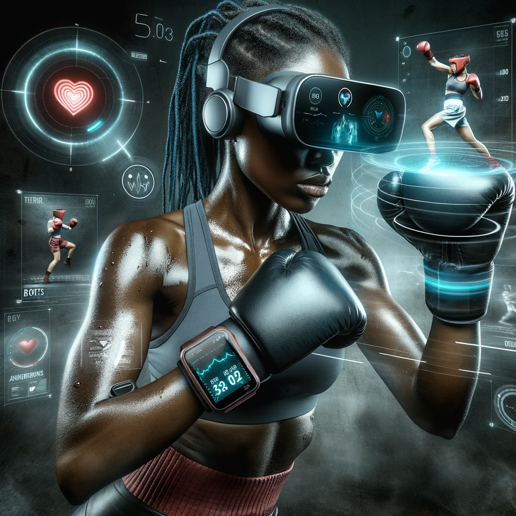 Boxer utilizing wearable tech in boxing, augmented reality headset for virtual boxing training, and smartphone with boxing training app, demonstrating the intersection of sports technology, boxing and tech innovations.