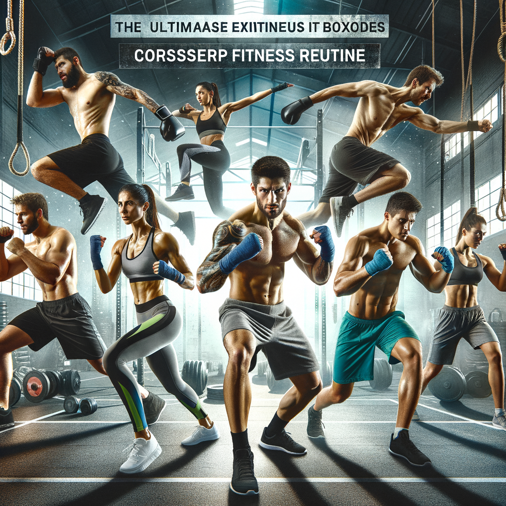 Diverse group of athletes performing intense Boxing CrossFit training in a modern gym, demonstrating the ultimate hybrid training regimen and highlighting the benefits of CrossFit boxing exercises and hybrid fitness programs.