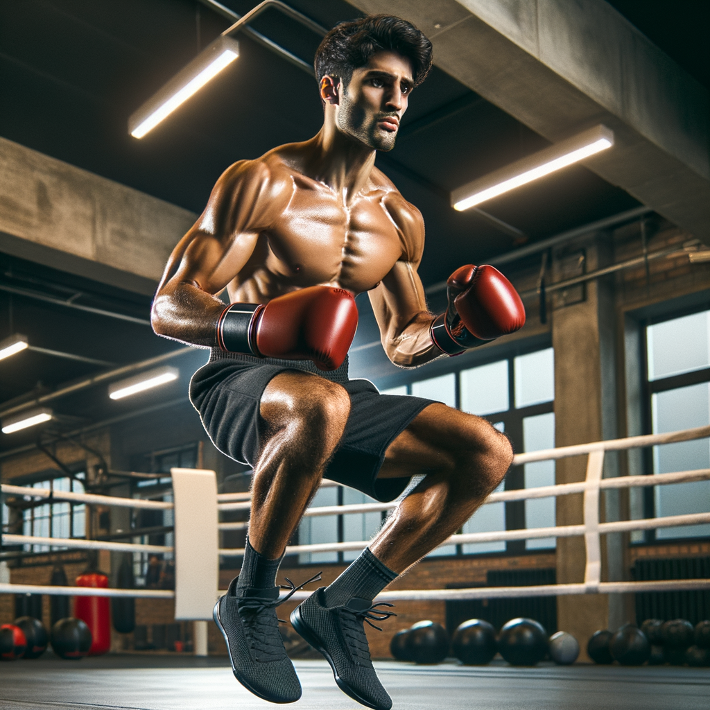Professional male boxer performing high-intensity plyometric drills for building explosive power in boxing, showcasing strength training and power in a boxing gym.