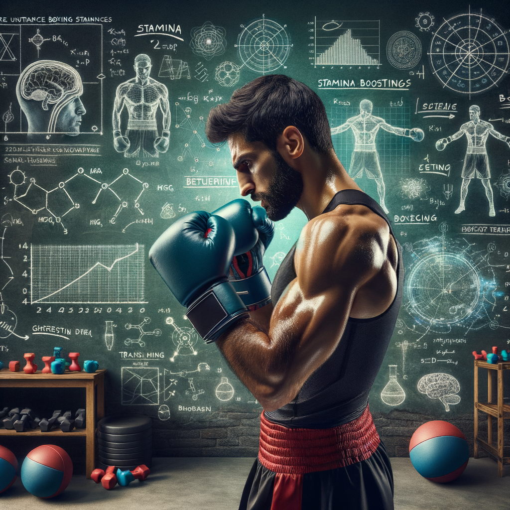 Professional boxer demonstrating boxing endurance training and stamina building strategies, with a chalkboard illustrating the science of boxing and equipment for boxing stamina workouts in the background.