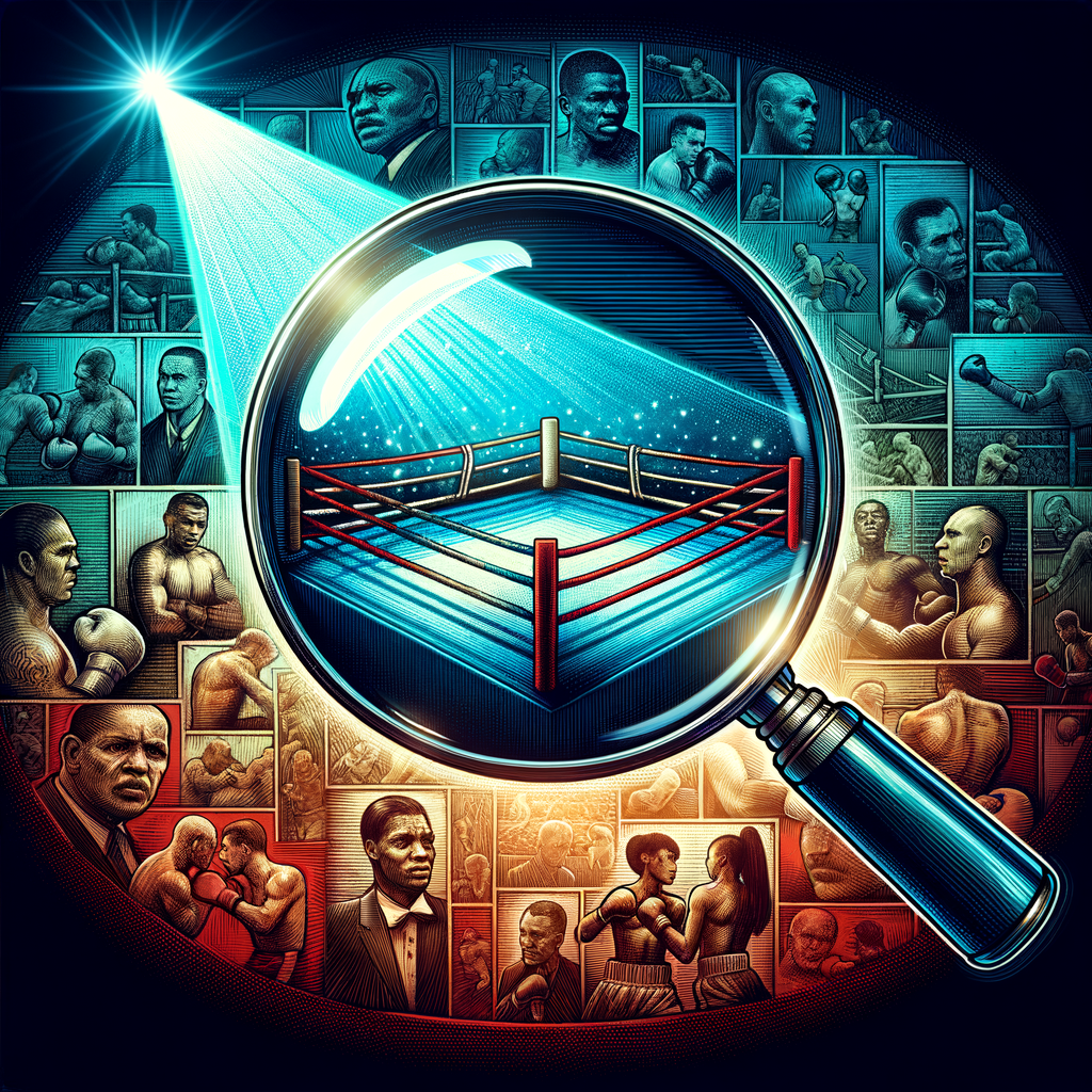 Analyzing Boxing Nicknames: Detailed illustration of a boxing ring with famous boxing nicknames etched into the ropes, surrounded by historical boxing images, symbolizing the interpretation and significance of boxing monikers.