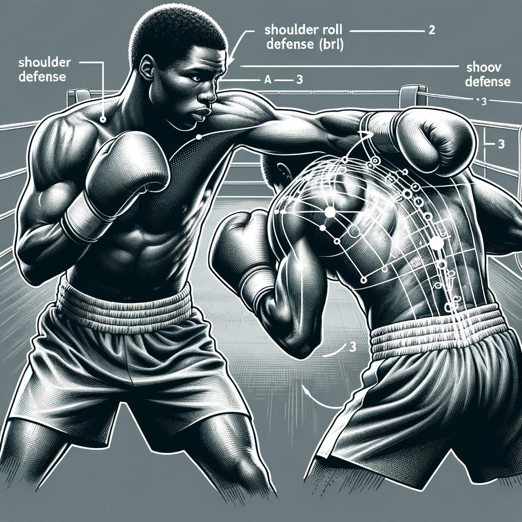 Analytical illustration of Mayweather's Shoulder Roll, a key component of his defense strategy, demonstrating the technique's role in his unique boxing style and fight tactics.
