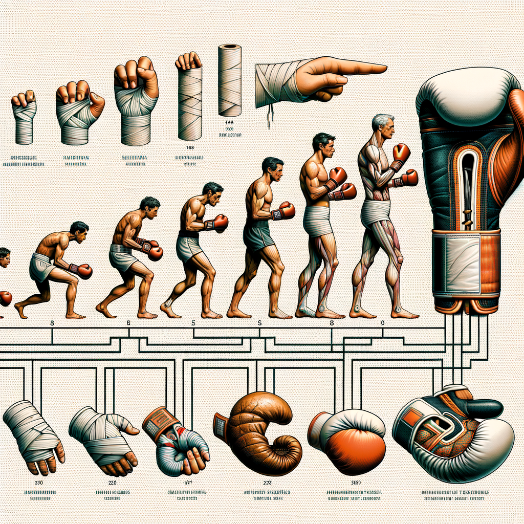 Visual timeline illustrating the boxing hand wraps history, showcasing the evolution of boxing gloves, changes in hand wrap techniques, and advancements in boxing gear from ancient times to present day.