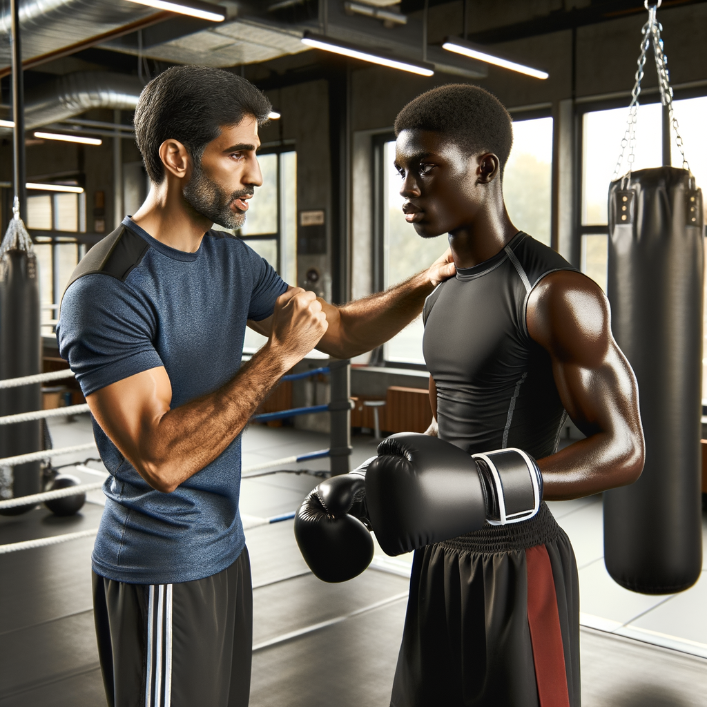 Professional boxing coach demonstrating advanced boxing strategies to an athlete in a modern gym, highlighting effective boxing techniques and training methods.