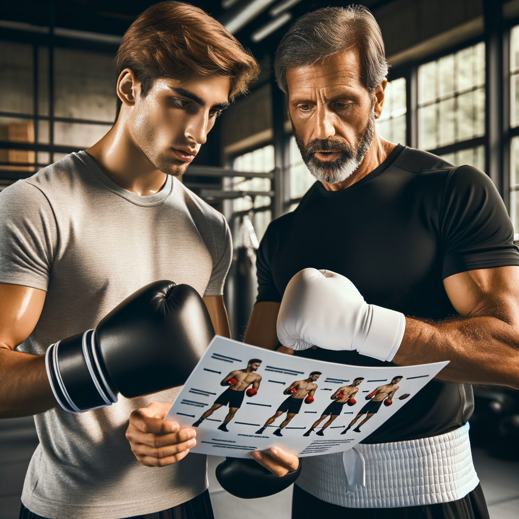 Professional boxing coach instructing a focused boxer in advanced techniques and personalized workout plans, showcasing the benefits of expert coaching for skill improvement and fitness routines.