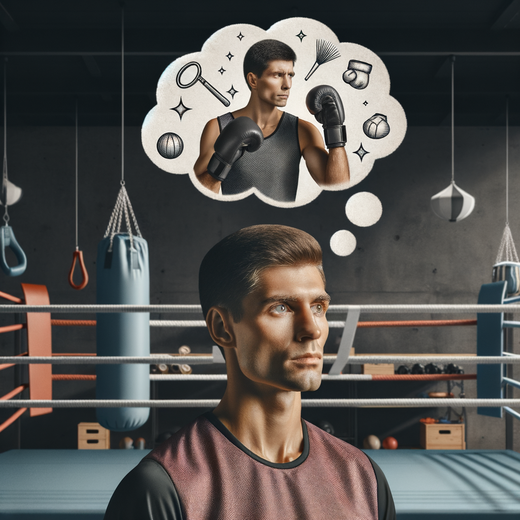 Focused boxer in a gym visualizing a victorious match, highlighting the importance of mental imagery and visualization techniques in enhancing boxing performance.