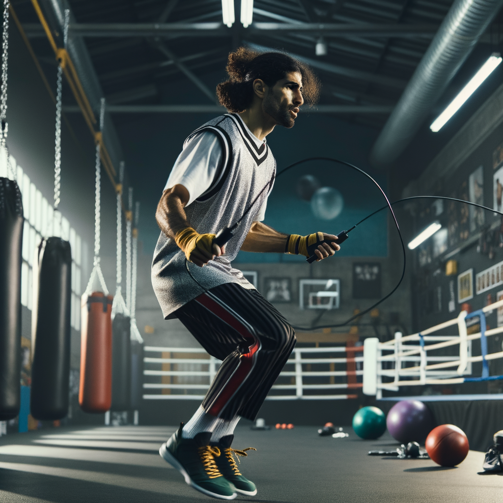Professional boxer performing advanced jump rope techniques in a gym, highlighting speed, agility, and precise footwork; essential for jump rope conditioning and boxing training routines.