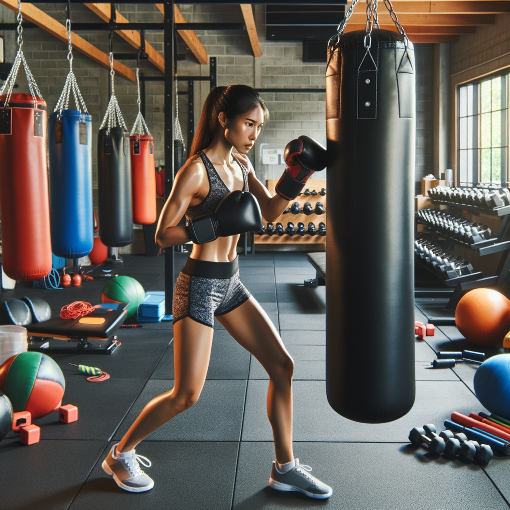 Professional boxer demonstrating how to use a double-end bag for boxing training in a well-equipped gym, highlighting double-end bag setup and drills to improve accuracy, speed, and reflexes.