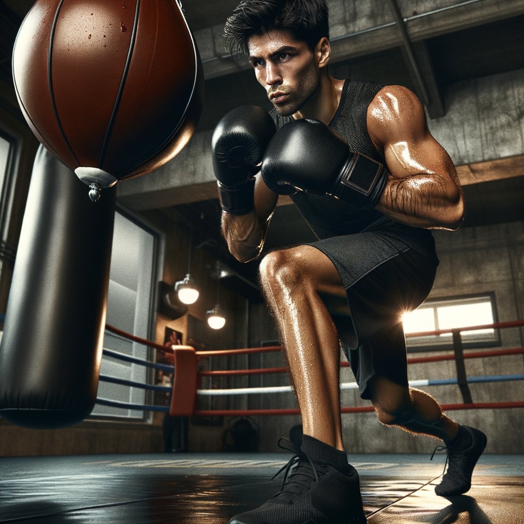 Professional boxer trains with a boxing reflex ball and bag, showcasing speed, agility, and precise footwork to improve reaction time in boxing.