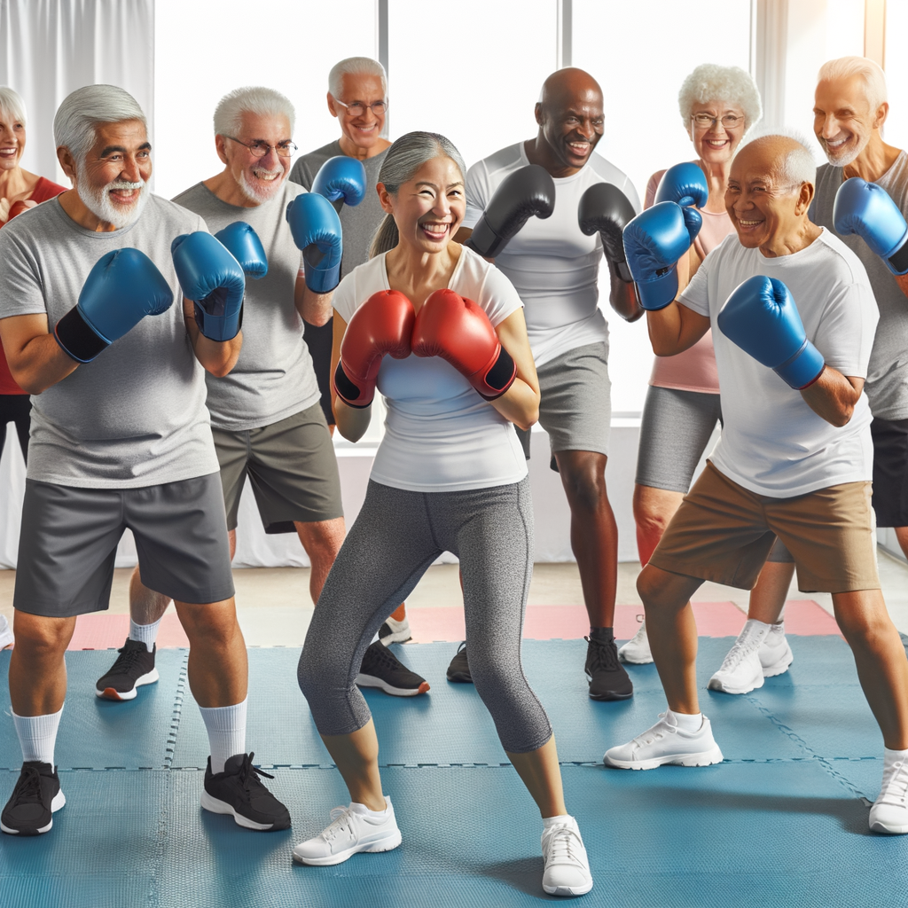 A group of seniors in a boxing gym engaging in fitness exercises, highlighting the health benefits of senior boxing fitness programs.