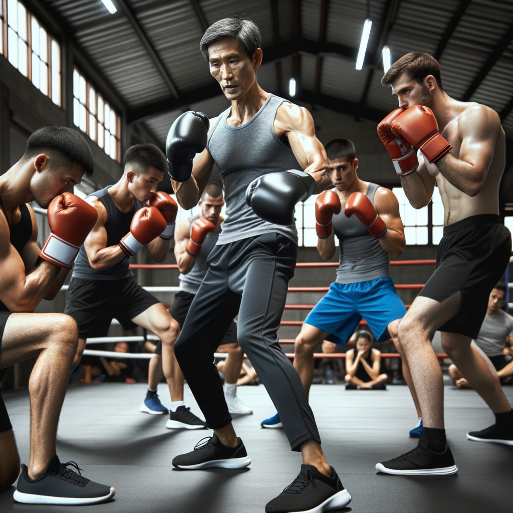Professional boxing coach demonstrating advanced defensive boxing drills in a gym, focusing on head movement, footwork, and defensive strategies for improving boxing defense skills.