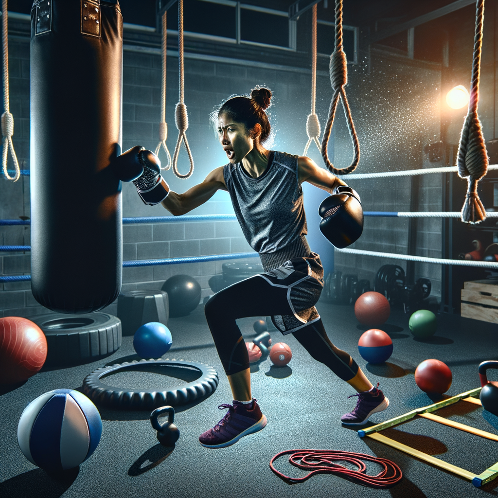 A boxer intensely practices reaction time drills with a speed bag, agility ladder, and reflex ball in a professional gym, highlighting the best boxing drills for improving reaction time and agility.