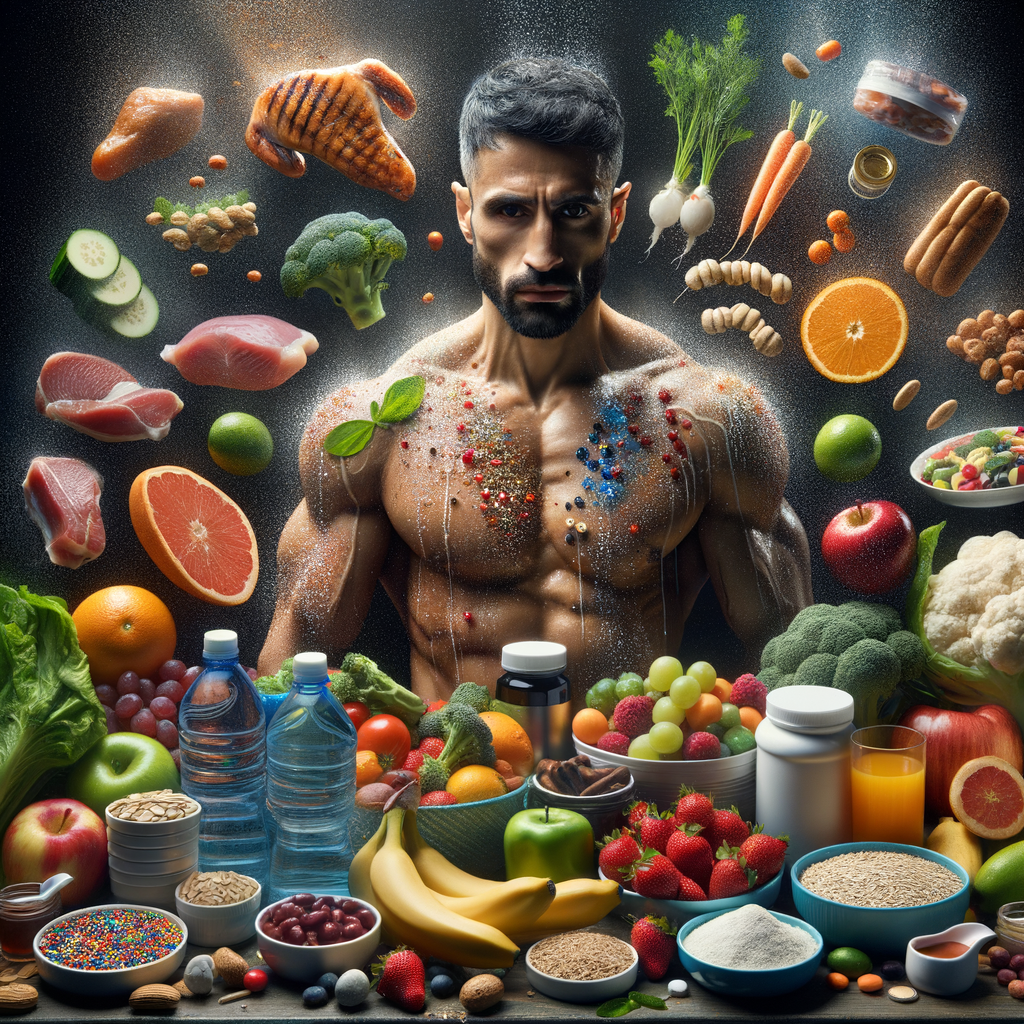 A professional boxer in peak condition surrounded by nutritious foods, illustrating the role of nutrition in boxing performance, including hydration, supplements, and a balanced diet for optimal results.