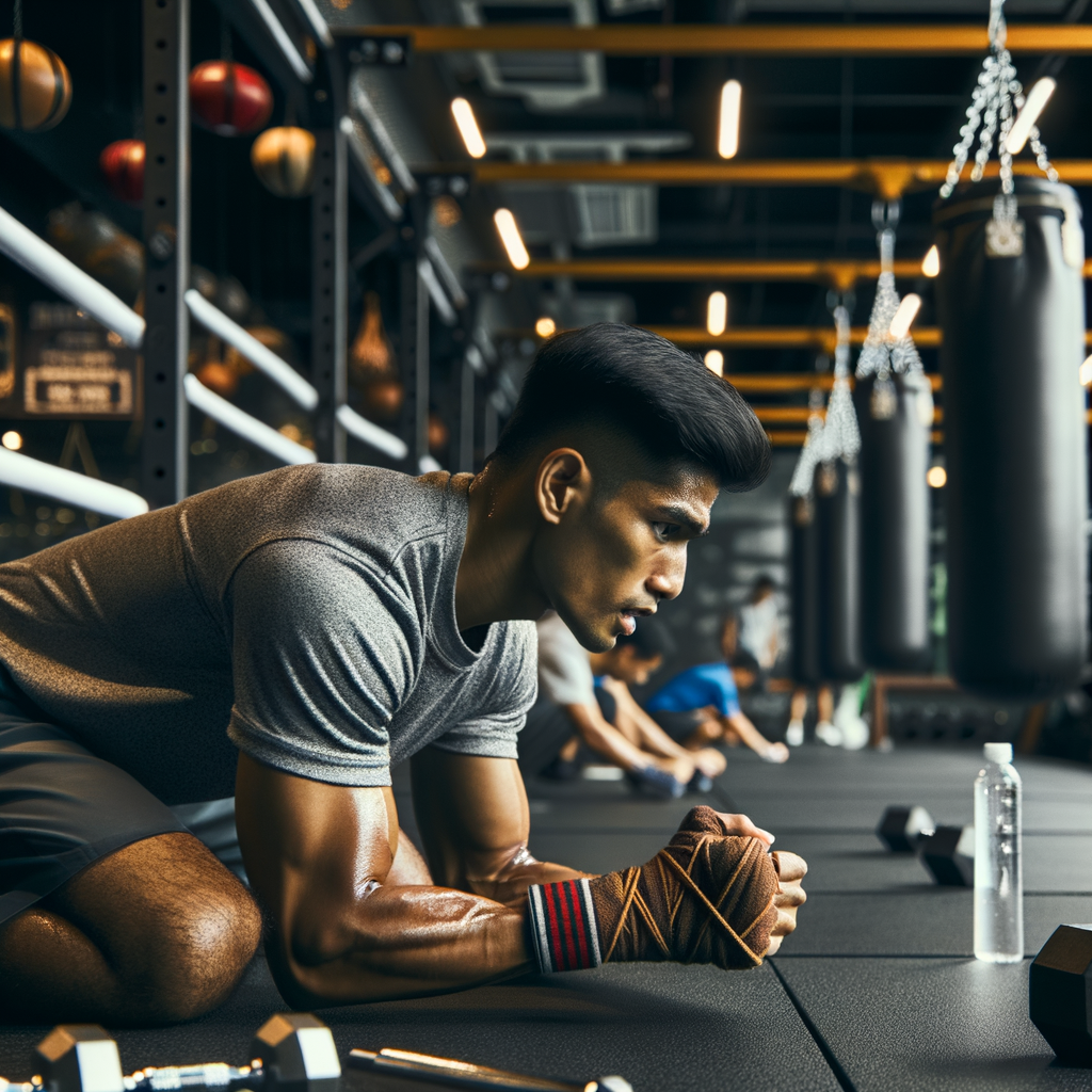 Professional boxer engaged in strength training with weights and functional fitness routines in a modern gym, surrounded by boxing equipment, highlighting strength training benefits for boxing.