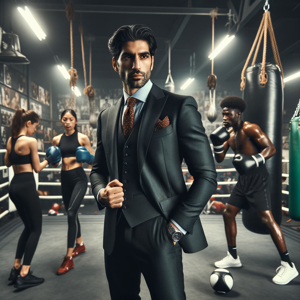 Professional boxing manager in a suit at a gym, highlighting Boxing Manager Responsibilities and Skills for 'The Role of a Boxing Manager: What You Need to Know'.